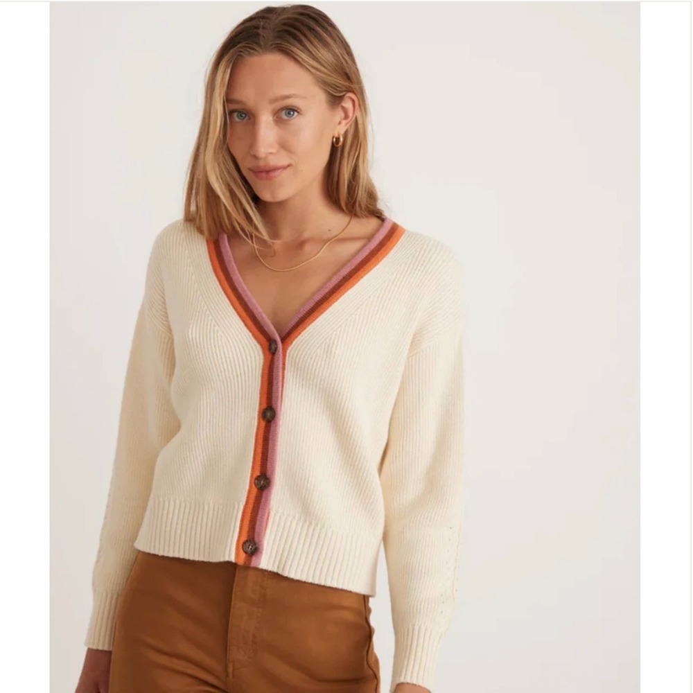Marine Layer Robin Crop Cardigan Sweater Stripped Trim Ivory 15361 Womens Large